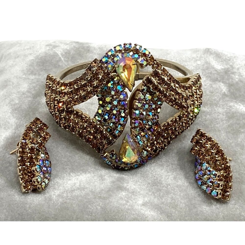 Vintage Gold-Tone Pronged Rhinestone Hinged Bracelet & Post Earrings AB Accents